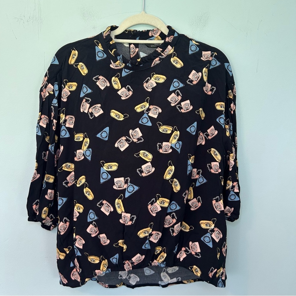 NWT Zara Retro Telephone Print Hi-Low 3/4 Sleeve Blouse Size Medium